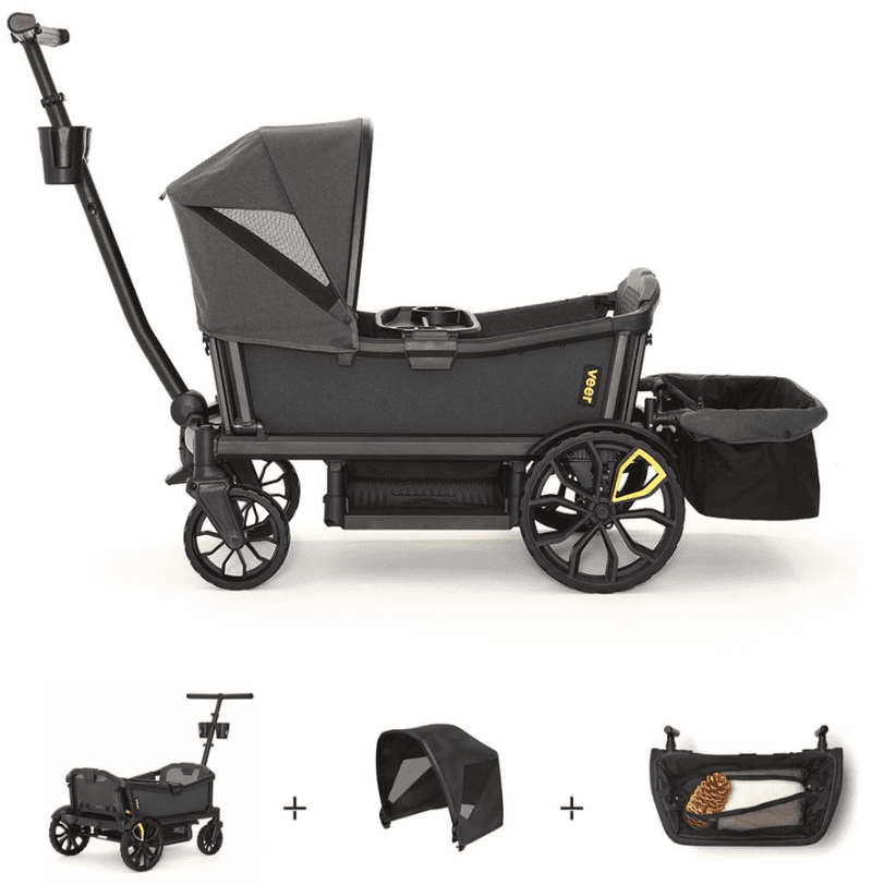 Veer Cruiser XL (4 Seater) Stroller Wagon + Canopy + Basket Bundle - Grey / Grey - Traveling Tikes