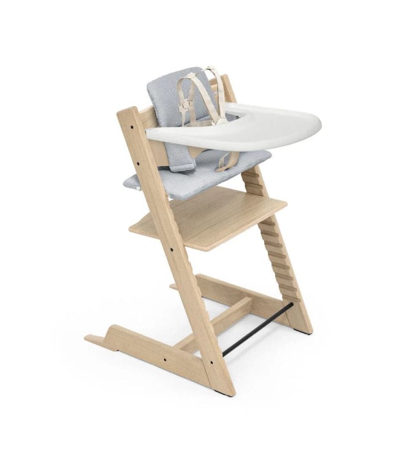 Tripp Trapp High Chair2 and Cushion with Stokke Tray - Oak Natural / Nordic Blue - Traveling Tikes