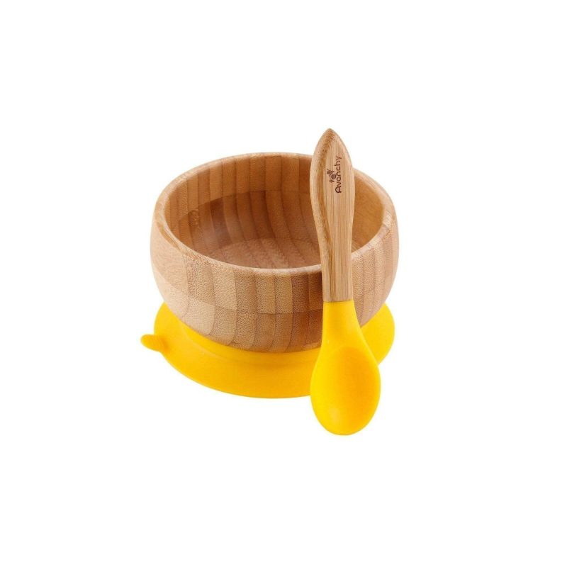 avanchy bamboo stay put suction baby bowl spoon yellow traveling tikes