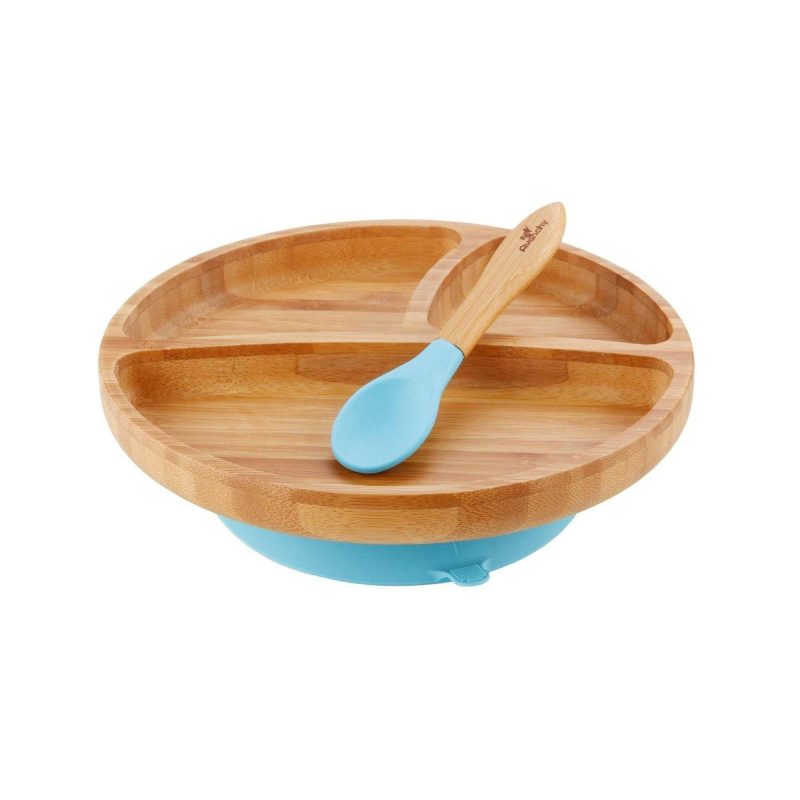 avanchy bamboo suction toddler plate spoon blue traveling tikes