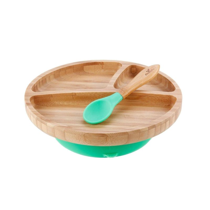 avanchy bamboo suction toddler plate spoon green traveling tikes