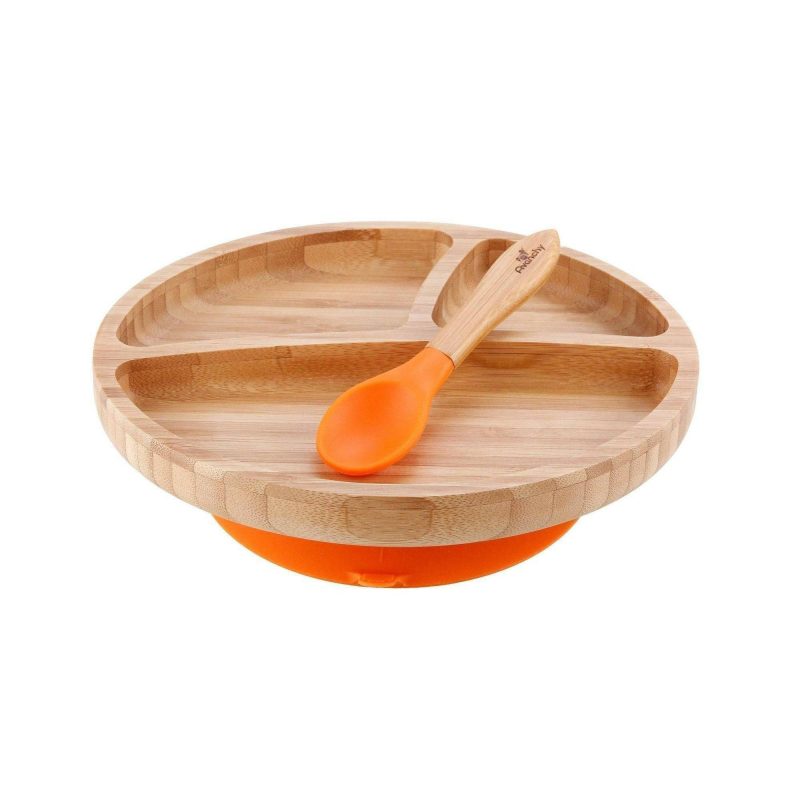 avanchy bamboo suction toddler plate spoon orange traveling tikes