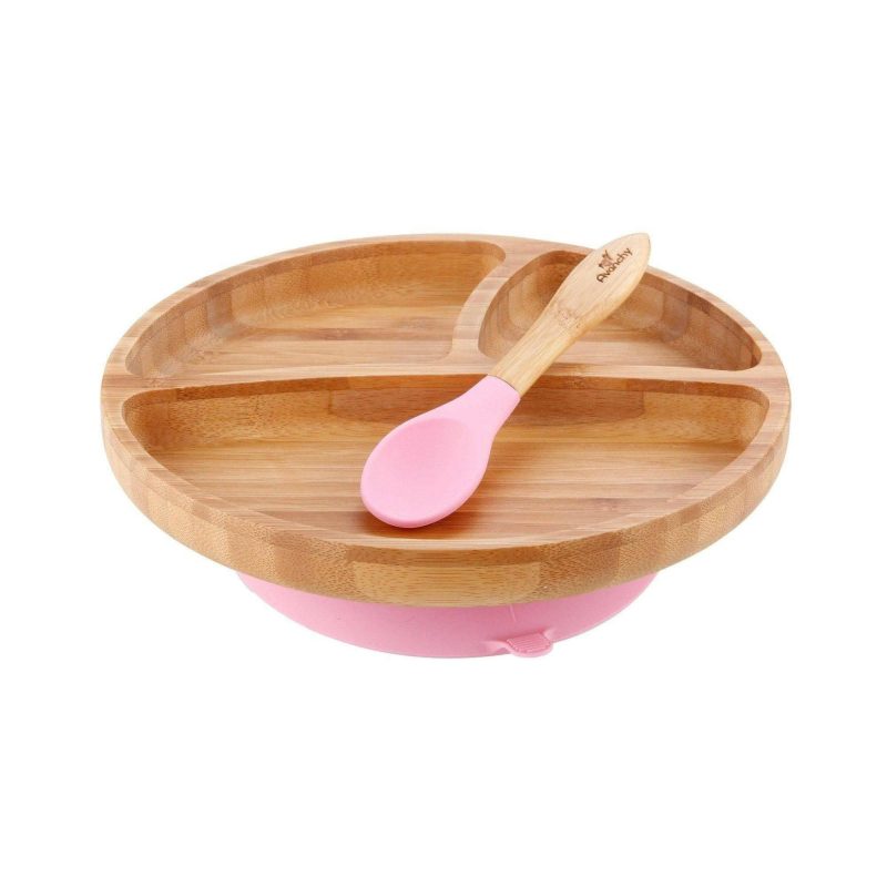 avanchy bamboo suction toddler plate spoon pink traveling tikes