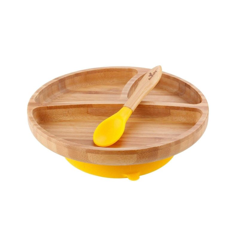 avanchy bamboo sunction baby divided plate spoon yellow traveling tikes