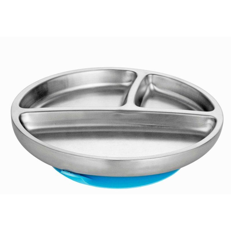 avanchy stainless steel suction toddler plate blue traveling tikes