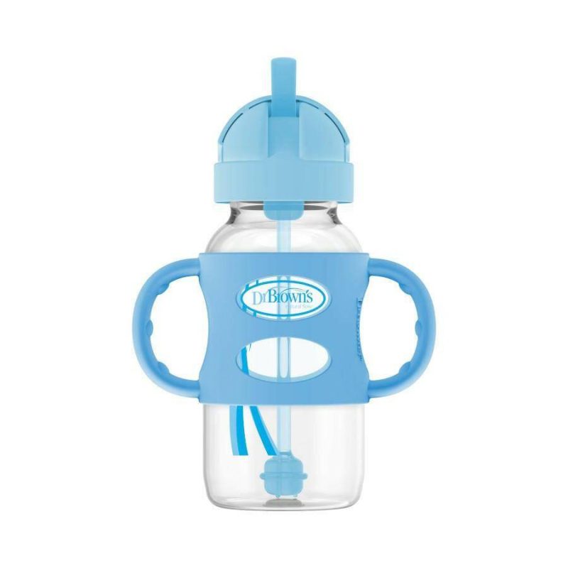 Dr. Brown’s Milestonesv Wide-Neck Sippy Straw Bottle with Silicone Handles, 9 oz - Blue - Traveling Tikes