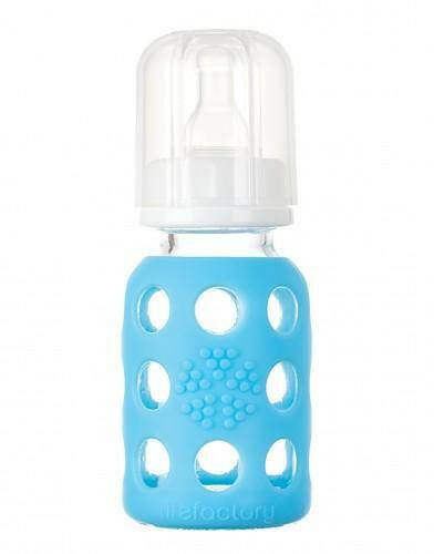 Life Factory 4 oz Glass Baby Bottle with Silicone Sleeve (sky blue) - Traveling Tikes