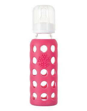 Life Factory 9 oz Glass Baby Bottle with Silicone Sleeve (raspberry) - Traveling Tikes