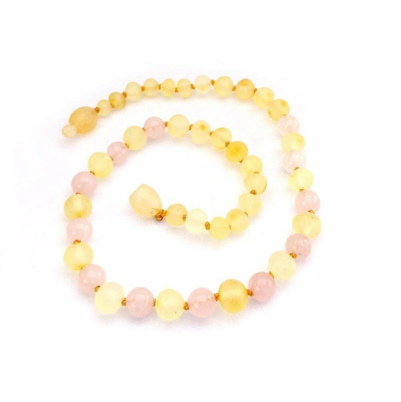 momma goose baby amber necklace raw lemon and rose quartz traveling tikes