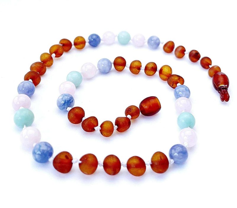 Momma Goose Overlord Baby Necklace Baltic Amber, Moonstone, Rose Quartz & Amazonite - Traveling Tikes